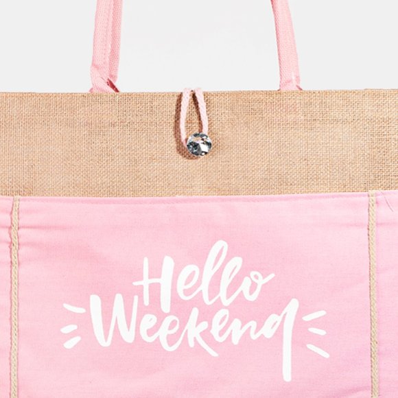 Pink & Natural Tan Hello Weekend Burlap Summer Tote Bag - Picture 2 of 5